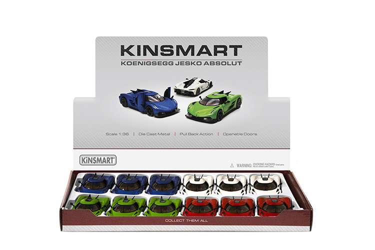 KINSMART – Koenigsegg Jesko Absolut – Modellino 12,5cm c/porte apribili – c/pull-back and go In espo da 12pz (41x28cm) 6ass…x12…x48